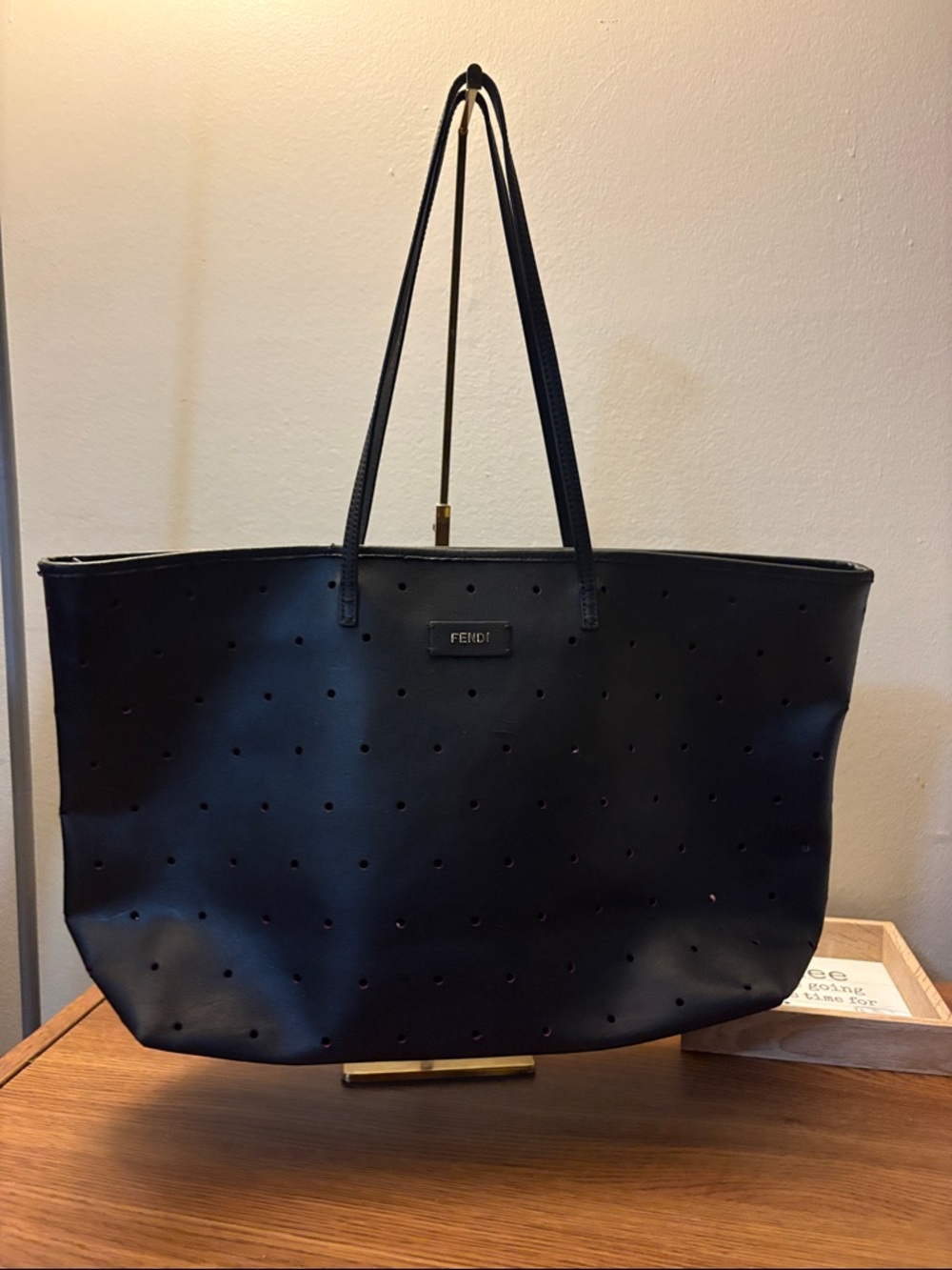 Fendi 19” x 13” extra large FF Black Perforated w pink interior Leather Tote Bag